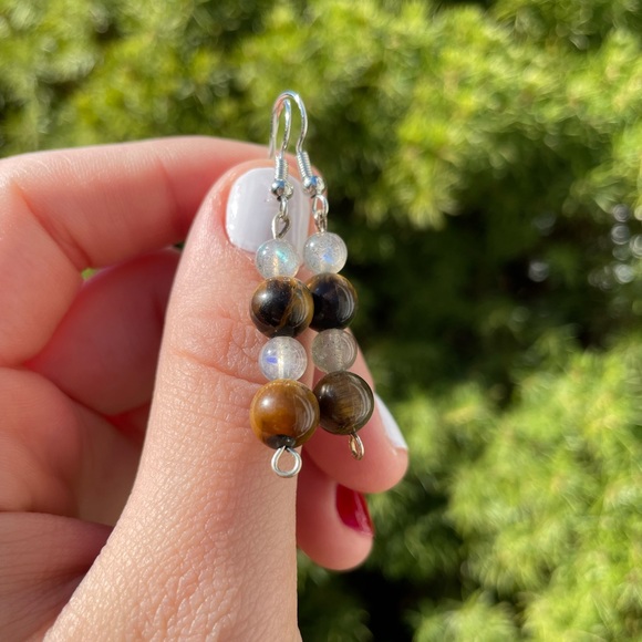 Labradorite + Tiger Eye Beaded Earrings | Crystal Hand Crafted - Picture 1 of 5